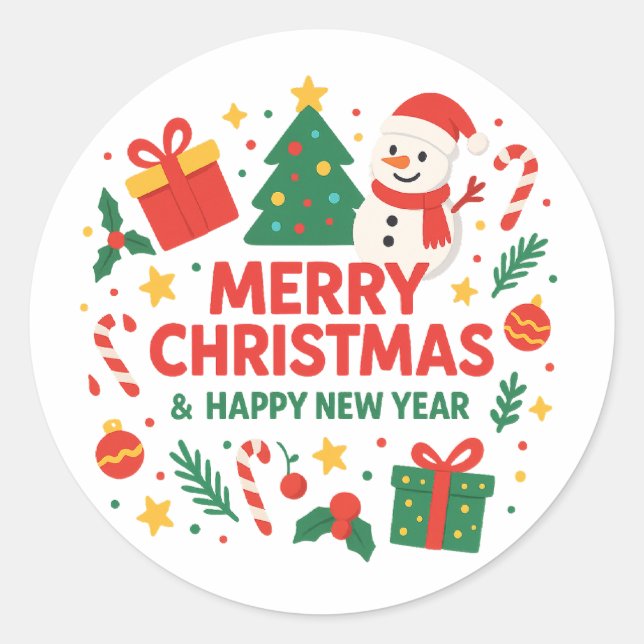 Cute Merry Christmas & Happy New Year Snowman&tree Classic Round Sticker (Front)