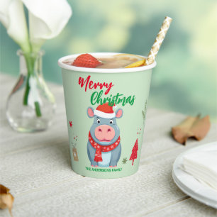 Cute merry Christmas Hippo Santa Scarf holiday Paper Cups