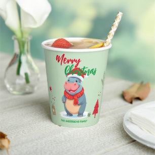 Cute merry Christmas Hippo Santa Scarf holiday  Paper Cups
