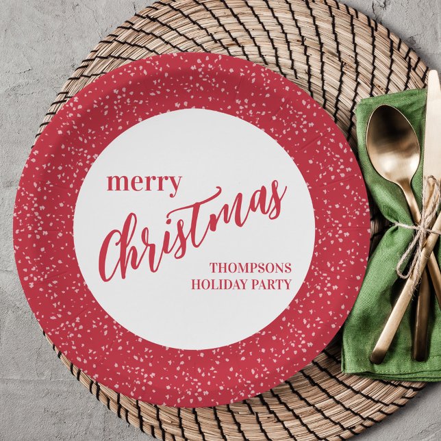 Cute Merry Christmas Holiday Red White Festive Paper Plate (Simple Merry Christmas cute red and white calligraphy script paper plate)