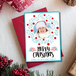 Cute Merry Christmas Holly Red Berries Photo Holiday Card