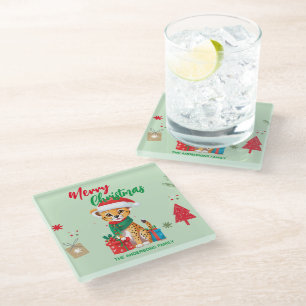 Cute merry Christmas leopard Santa Scarf holiday Glass Coaster