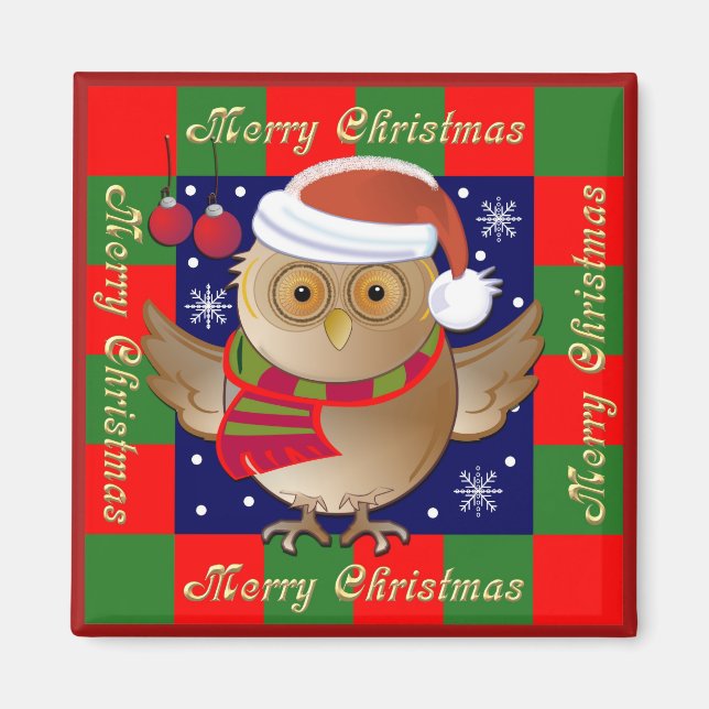 Cute Merry Christmas Magnet with Santa Owl (Front)
