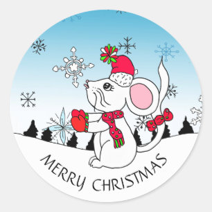 Cute Merry Christmas Mouse Snowflakes Classic Round Sticker
