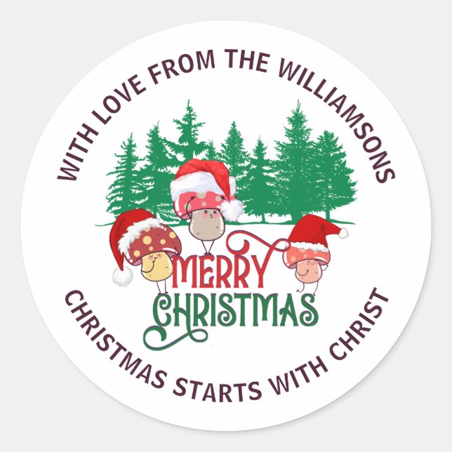 Cute MERRY CHRISTMAS MUSHROOM Christian Classic Round Sticker (Front)