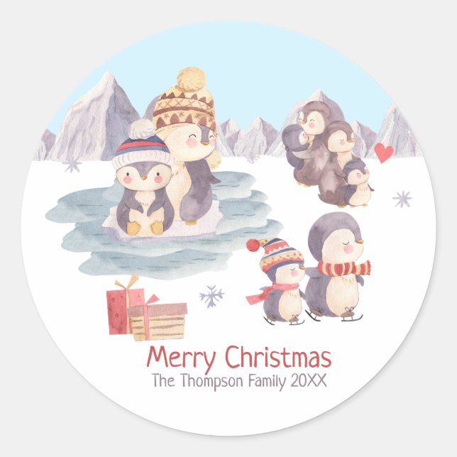 Cute Merry Christmas Penguin Family Playing Snow Classic Round Sticker (Front)