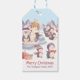 Cute Merry Christmas Penguin Family Playing Snow Gift Tags