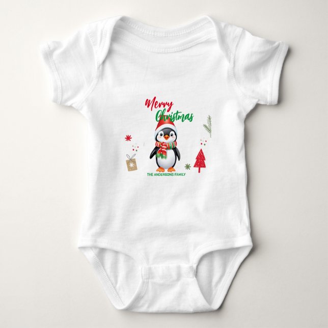 Cute merry Christmas penguin Santa Scarf holiday  Baby Bodysuit (Front)