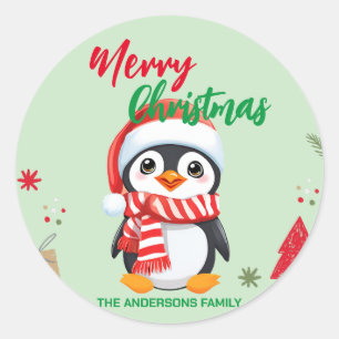 Cute merry Christmas penguin Santa Scarf holiday Classic Round Sticker