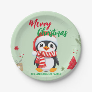 Cute merry Christmas penguin Santa Scarf holiday  Paper Plate