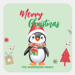 Cute merry Christmas penguin Santa Scarf holiday  Square Sticker