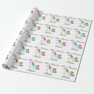 Cute Merry Christmas Personalise Name With Unicorn Wrapping Paper