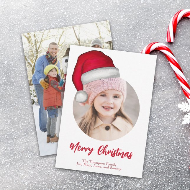 Cute Merry Christmas Photo Santa Claus Holiday Card (Merry Christmas Whimsical red and white santa hat photo card)