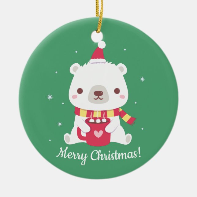 Cute Merry Christmas Polar Bear Ceramic Ornament (Front)