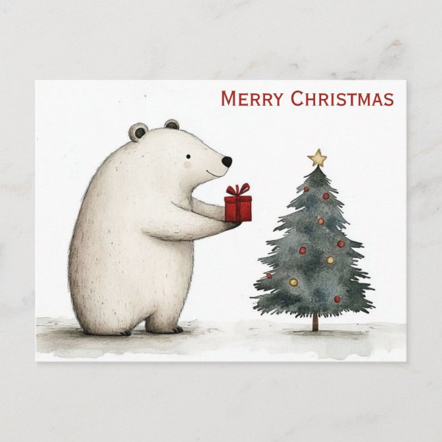 Cute Merry Christmas Polar Bear Whimsical Postcard (Front)