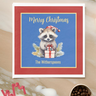 Cute Merry Christmas Racoon w Santa Hat Wildlife Napkin