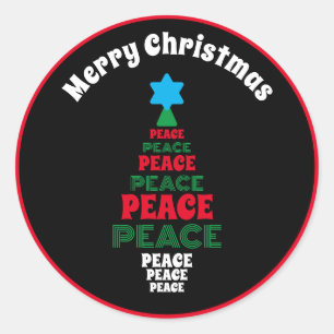 Cute Merry Christmas Red and Green Peace Tree Classic Round Sticker