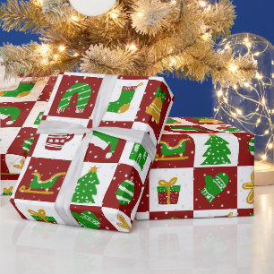 Cute Merry Christmas Red and Green Square Pattern Wrapping Paper