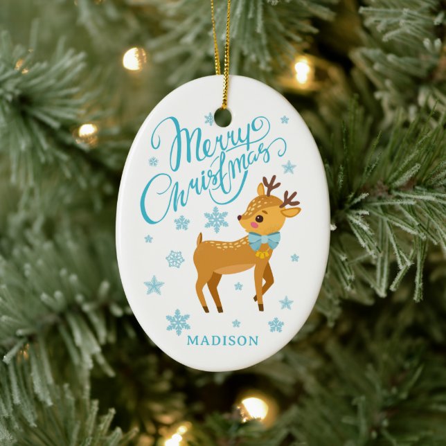 Cute Merry Christmas Reindeer Personalised Name Ceramic Ornament (Tree)