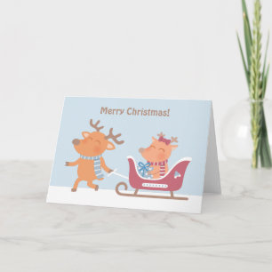 Cute Merry Christmas Reindeer Sleigh Greeting Card