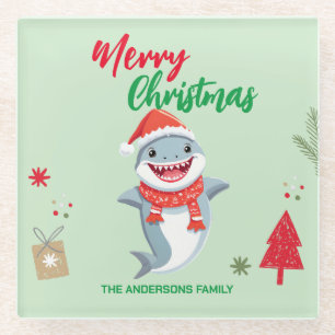 Cute merry Christmas shark Santa Scarf holiday Glass Coaster