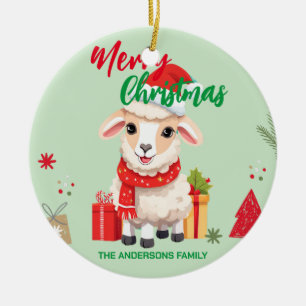 Cute merry Christmas Sheep Ram Santa Scarf holiday Ceramic Ornament