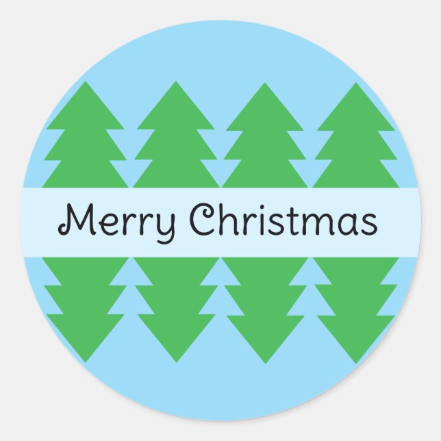 Cute Merry Christmas Simple Tree Design Blue Classic Round Sticker (Front)