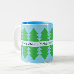 Cute Merry Christmas Simple Tree Design Blue Two-Tone Coffee Mug