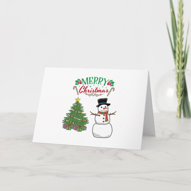 Cute Merry Christmas Snow Man With A Cat Card (Front)