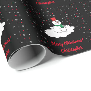 Cute Merry Christmas Snow Snowman Snowflakes Black Wrapping Paper