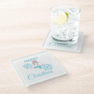 Cute Merry Christmas Snowman Snowflakes Character Glass Coaster