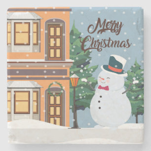 Cute Merry Christmas Snowman Winter Scene Stone Coaster