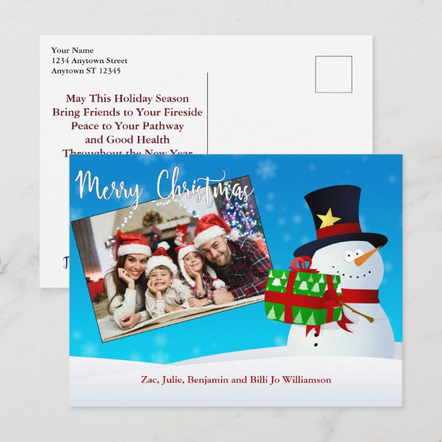 Cute Merry Christmas Snowman With Gift Your Photo Postcard (Front/Back)