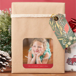 Cute Merry Christmas Square Red Stickers