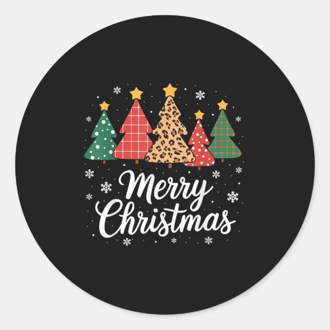 Cute Merry Christmas Tree Buffalo Plaid Red White  Classic Round Sticker (Front)
