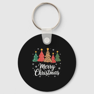 Cute Merry Christmas Tree Buffalo Plaid Red White Key Ring
