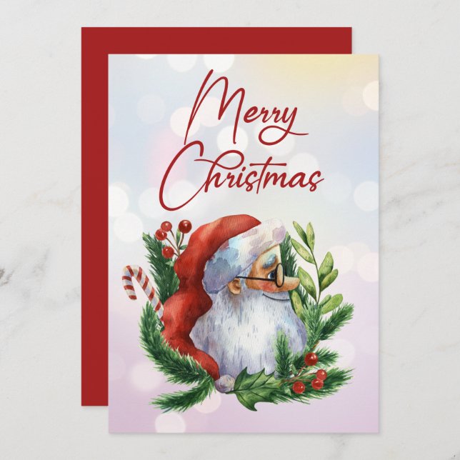 Cute Merry Christmas Watercolor Santa Holiday Card (Front/Back)