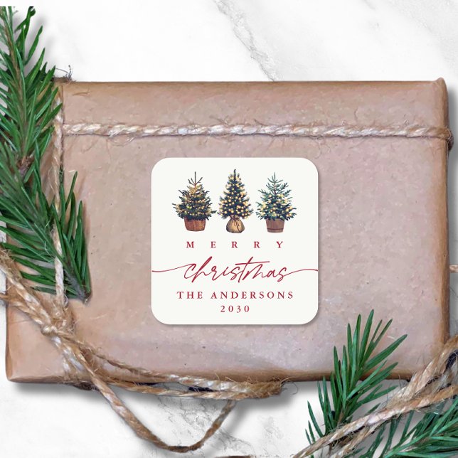 Cute Merry Christmas Watercolor Tree Red Script  Square Sticker (Creator Uploaded)