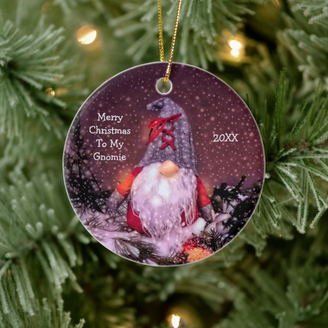 Cute Merry Christmas Whimsical Gnome Holiday Tree Ceramic Ornament (Tree)