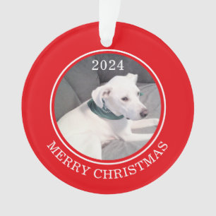 Cute Merry Christmas White Dog Photo Red Round Ornament