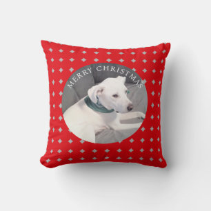 Cute Merry Christmas White Dog Round Photo Red Cushion