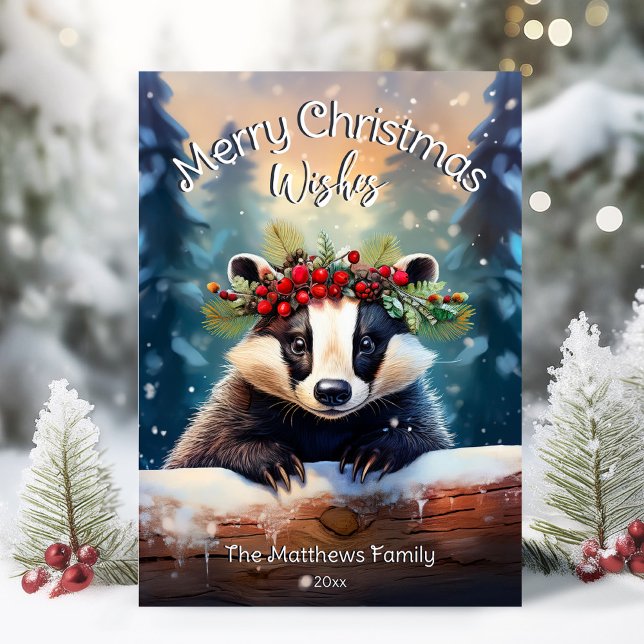 Cute Merry Christmas Wishes Woodland Forest Badger Holiday Card (Adorable Winter Snowy Scene With Peeking Dogs or Farm/Woodland Animals - Over 50 to Choose From!)