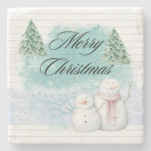 Cute Merry Christmas with Snowman Christmas Tree Stone Coaster