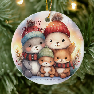 Cute Merry Christmas Woodland Animal Family Ceramic Ornament