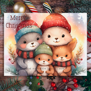 Cute Merry Christmas Woodland Animal Family  Holiday Postcard