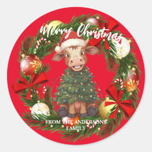 Cute merry Cow Christmas tree calf ox Xmas pattern Classic Round Sticker