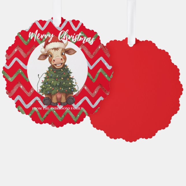 Cute merry Cow Christmas tree calf ox Xmas pattern Decoration Card (Front/Back)