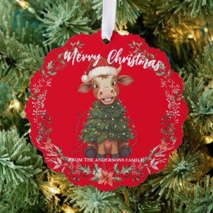 Cute merry Cow Christmas tree calf ox Xmas pattern Decoration Card