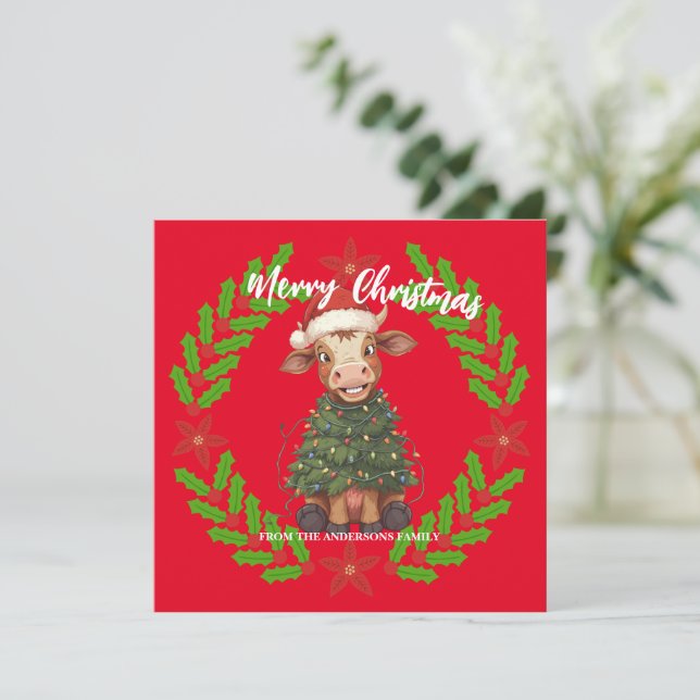 Cute merry Cow Christmas tree calf ox Xmas pattern Holiday Card (Standing Front)