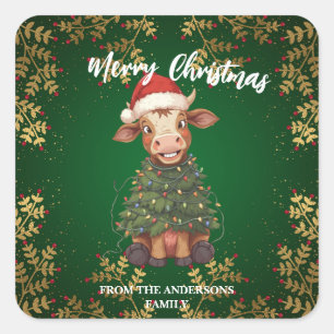 Cute merry Cow Christmas tree calf ox Xmas pattern Square Sticker
